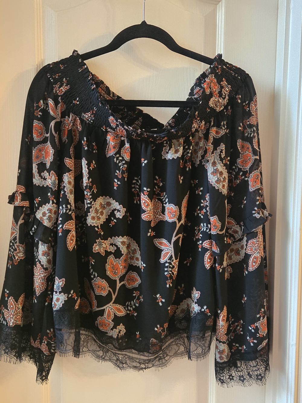 Miss Me Boho Floral Lace-Hem Peasant Top - Black with Rust Floral